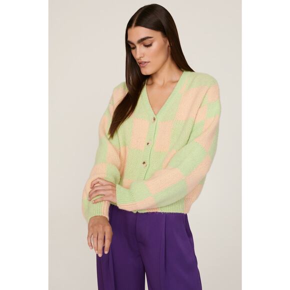 Stine Goya Amara Checker Pastel Green Peach Alpaca Knit Cardigan Sweater Medium - Picture 1 of 15